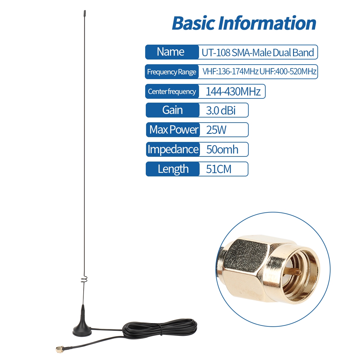 UT-108UV dual band SMA-Male Ham Two Way Radio Antenna  144/430MHZ